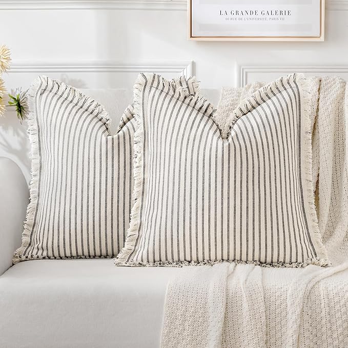 MIULEE Pack of 2 Gray Pillow Covers 20x20 Inch Striped Farmhouse Couch Throw Pillow Covers with Fringe Chic Linen Decorative Cushion Covers for Sofa Living Room Bed Outdoor Home Decor