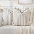 MIULEE Pack of 2 Gray Pillow Covers 24x24 Inch Striped Farmhouse Couch Throw Pillow Covers with Fringe Chic Linen Decorative Cushion Eruo Sham for Sofa Living Room Bed Outdoor Home Decor