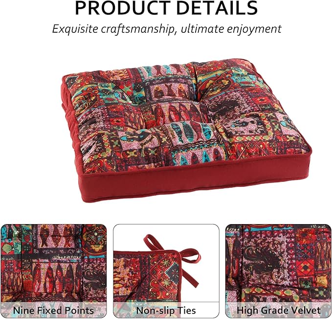 Bohemian Square Seat Cushions for Kitchen Dining Living Tea Room,16.5" x 16.5" Printing Chair Pads with Non-Slip Ties, 2Packs, Red