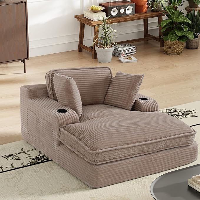 67" Chaise Lounge Chair Indoor, Cozy Oversized Fluffy Sofa with Cup Holders & Throw Pillows, Boneless Sleeper Cloud Couch for Living Room, Movie Room and Apartments, Camel