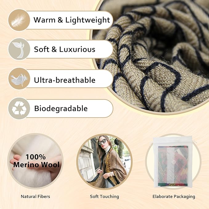 DANA XU 100% Merino Wool Pashmina Shawl for Women 96"x43", Oversized Cashmere Wrap with Tassels, Floral Travel Blanket Cape