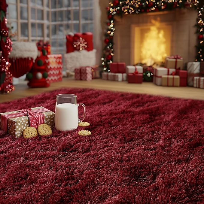 Burgundy Plush Rug for Living Room Fuzzy Carpet for Bedroom Dorm, Non-Slip High Pile Rug, Shag Rug for Playroom Nursery Home Office Decor 5X7 Ft