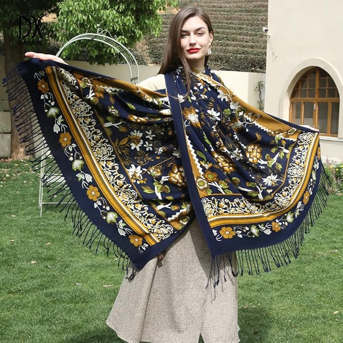 DANA XU 100% Merino Wool Extra Large Pashmina Blanket Travel Scarf Cashmere Wrap for Women Fall Winter Oversize Shawl Floral