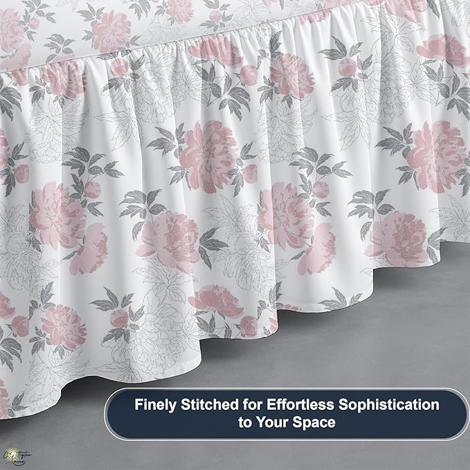 Cottington Lane Ruffled Bed Skirt Twin Size with Split Corner, Brushed Microfiber Hotel Quality Dust Ruffle, 18 Inch Drop Gathered Bedskirt, Soft, Stylish, Shrink & Fade Resistant, Blush Petals