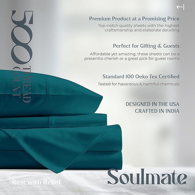 Mayfair Linen 100% Cotton Bed Sheets Queen Set - 500 Thread Count Cotton Sheets for Queen Size Bed, 4 PC Set (Teal), Ultra Soft, Cooling, Sateen Weave 16" Deep Pocket Bedsheet for Hot Sleepers