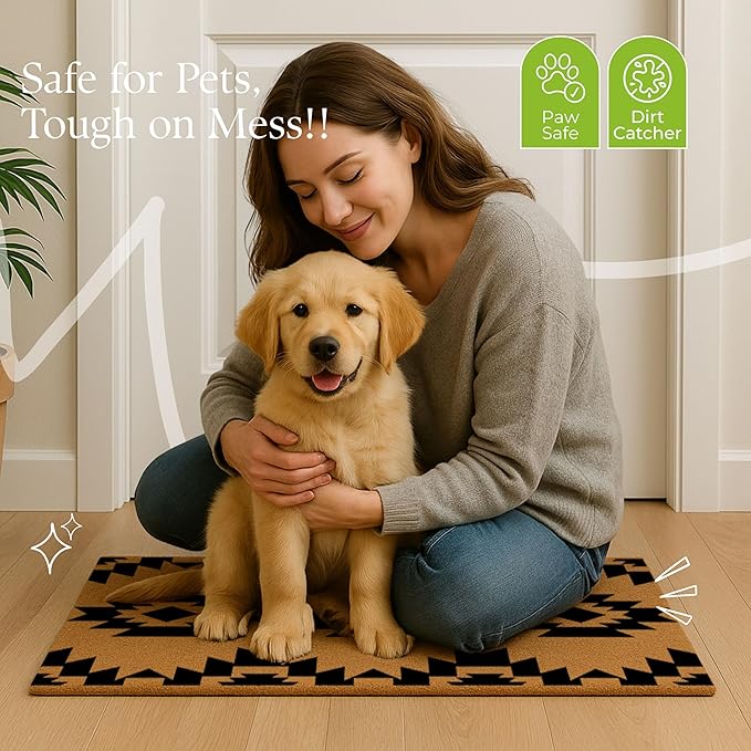 Coir Door Mats 17" X 30", Non-Slip Sturdy, PVC Backed Heavy Duty, Easy to Clean, Ideal for Door Entrance, Patio, Porch, Backyard, Garages, Geometric Boho