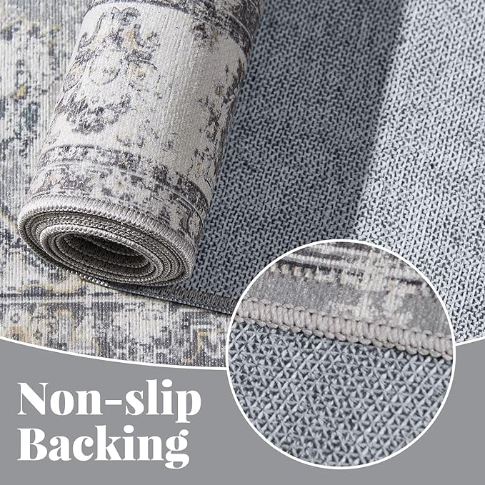 jinchan Fiora Hallway Runner Rug 2x10 Machine Washable Runner Rug Grey Vintage Floral Design Non-Slip Ultra-Thin for Kitchen Laundry Room Bedroom Farmhouse (2‘x10', Grey)