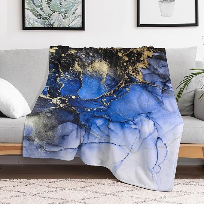 Modern Marble Blanket, Abstract Luxury Baroque Golden Dark Blue Stone Veins Pattern Soft Warm Cozy Plush Flannel Covers for Livingroom Bedroom Couch Chair Camping Travel Home Decor Tapestry 50x60in