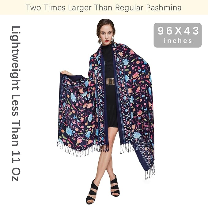 DANA XU 100% Merino Wool Extra Large Pashmina Blanket Travel Scarf Cashmere Wrap for Women Fall Winter Oversize Shawl Floral