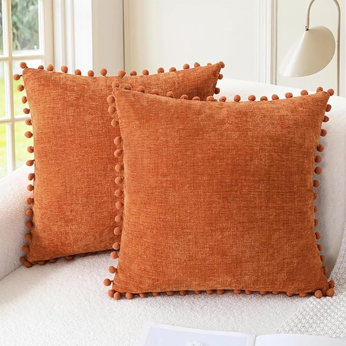 CaliTime Fall Throw Pillow Covers Decorative 20 X 20 Inches Pack of 2 Cozy Solid Dyed Soft Chenille Cushion Cases with Pom Poms for Couch Sofa Bed Living Room Home Burnt Orange