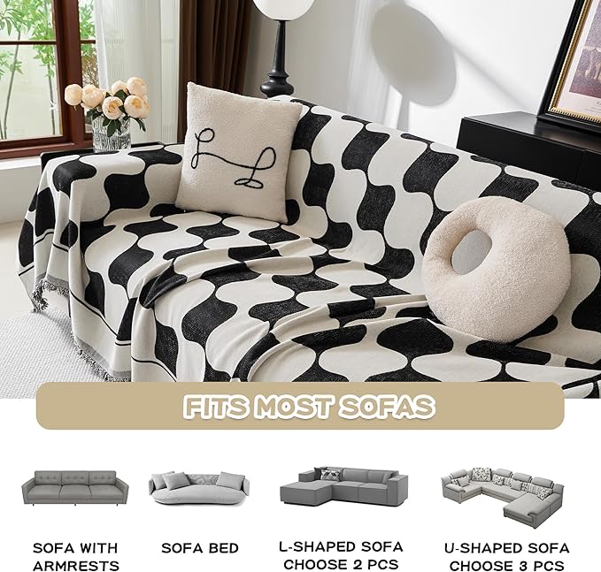 MEETSKY Oversized Sofa Cover Black Couch Cover for Sectional Sofa, Modern Jacquard Sofa Slipcover Loveseat Futon Cover, Pet Couch Cover Washable Couch Protector, 91" x 134", Black Checkerboard