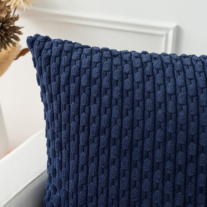 Kevin Textile 20x54 Inch Long Body Lumbar 1 Pack Boho Decorative Throw Pillow Cover Soft Striped Corduroy Rectangle Cushion Case Farmhouse Accent for Living Room Couch Sofa Bed, Navy Blue