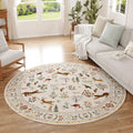 Rugcomf Round Rug 6ft Washable Circle Rug Non Slip Low Pile Boho Floral Animal Small Circular Rug for Bedroom, Bathroom, Entryway, Kids Room, Office, College Dorm (Beige)