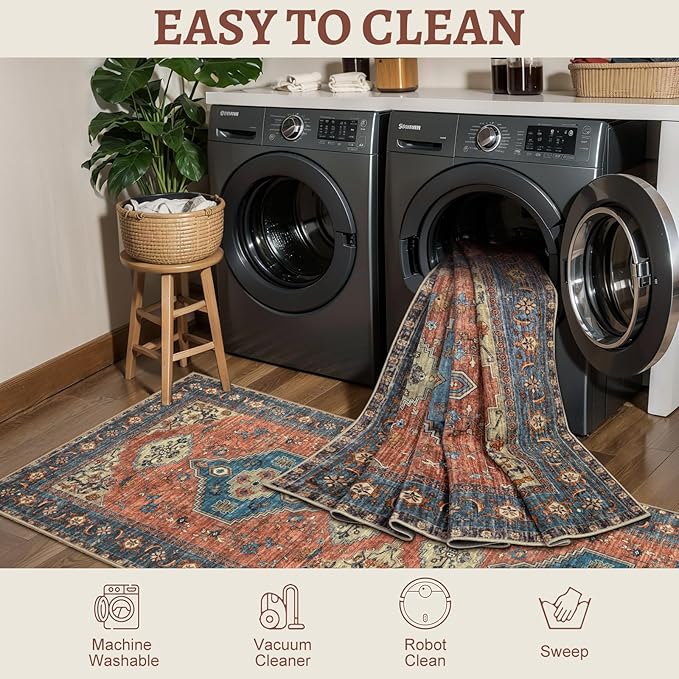 Tangsoo 3x5 Washable Rugs Oriental Area Rug, Vintage Non Slip Indoor Accent Rug, Print Distressed Terracotta Carpet, Soft Low Pile Rug for Living Room Dining Bedroom Bedside Entryway