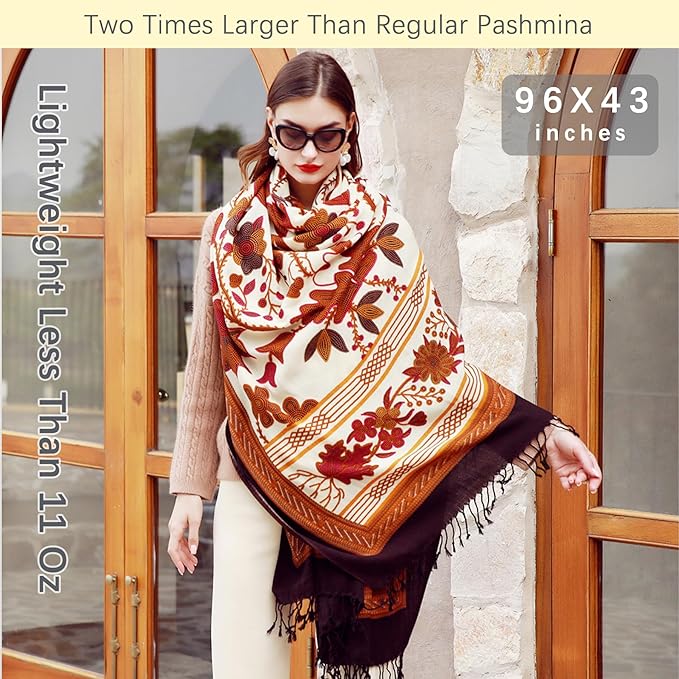 DANA XU 100% Merino Wool Pashmina Shawl for Women 96"x43", Oversized Cashmere Wrap with Tassels, Floral Travel Blanket Cape