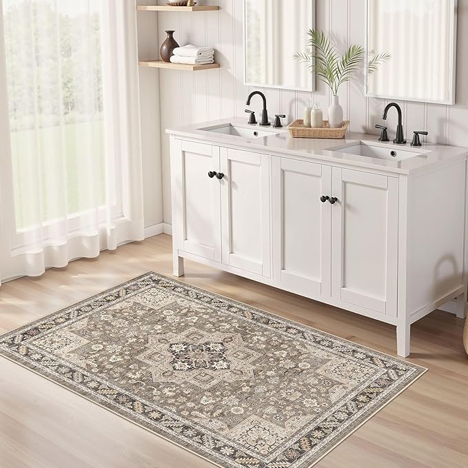 Vintage Living Room Area Rug 3x5 - Large Soft Washable Oriental Traditional Distressed Farmhouse Rugs for Bedroom - Indoor Floor Accent Carpet for Home Office House Decor - Brown
