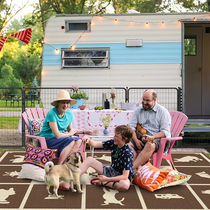 FXW Camping Rug, 8' x 10' Large Waterproof Portable RV Mat, Easy-to-Clean Straw Plastic Mat for Outdoor, Patio, Backyard, Deck, Picnic, Beach, Trailer, Brown & Beige