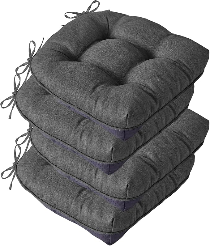 Chair Cushions for Dining Chairs, Seat Cushions for Kitchen Chairs, Indoor Seat Cushions with Ties, Tufted Foam Chair Pads, Non Slip Chair Cushions Set of 4, 15.5" x 15.5" x 4", Dark Grey