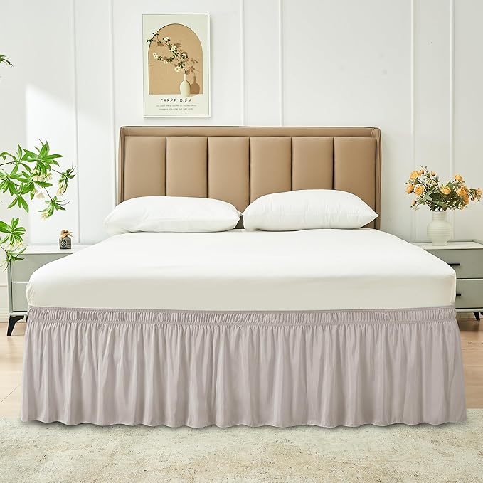 Biscaynebay Wrap Around Bed Skirts for Queen Beds 14" Drop, Camel Grey Adjustable Elastic Dust Ruffles Easy Fit Wrinkle Resistant Silky Luxurious Fabric Machine Washable