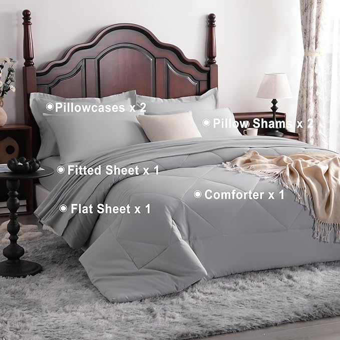 NTBAY Queen Comforter Set with Sheets, 7 Pieces Soft and Breathable Queen Bedding Set, Bed in a Bag, Down Alternative Comforter Set Solid Color All Season, Queen Bedding Set, Light Grey