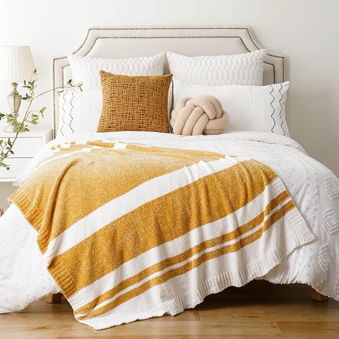 BATTILO HOME Mustard Yellow Throw Blanket for Couch, Soft Chenille Throw Blanket Knit Throw Blankets for Bed, Sofa,Chair, Farmhouse Throw Blankets, Fall Throw Blanket,51"x67"