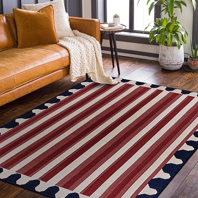 9CH Red White Stripes Area Rug 7' X 5' Navy Blue Modern Geometric Lines Faux Wool Rugs Soft Non-Slip Vintage American Flag Carpet for Bedroom Dining Room Office