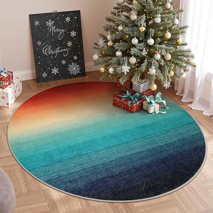 Wonnitar Modern Ombre Christmas Round Area Rug, 4ft Colorful Washable Living Room Circle Throw Mat, Non-Slip Contemporary Kitchen Circular Floor Carpet for Dining Room (Colorful, Round 4ft)