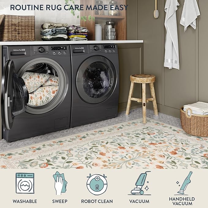 Lahome Floral Area Rug 9x12, Non-Slip Untra-Thin Washable Living Room Rugs, Vintage Botanical Print Low-Pile Soft Botanical Rug for Bedroom Dining Room Office, Beige