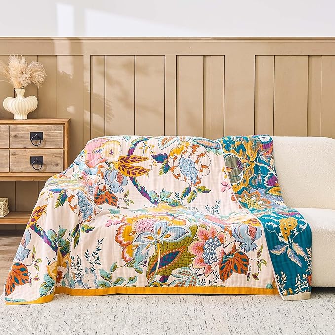 Farmhouse Throw Blanket, 60"x 80" Boho Throw Blankets for Couch Cover, 100% Cotton Bohemian Vintage Quilt for All Seasons Reversible Florals Lightweight Picnic Blankets Home Decoration