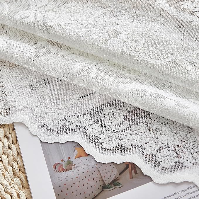 Bright White Vintage Country Floral Lace Sheer Curtains 96 Inches Long -Rod Pocket Light Filtering French Privacy Scalloped Edges Rod Pocket Boho Bedroom ，52 x 96 Inch, 2 Panels