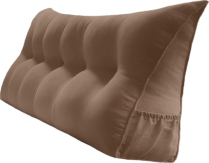 Triangular Reading Bed Rest Pillow Large Bolster Cushion Headboard Backrest Wedge Pillow with Removable Cover and Two Large Side Pockets (Brown, Queen: 59 x 8 x 20 inches)