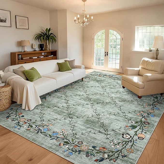 GarveeHome 9x12 Washable Floral Area Rugs for Living Room: Modern Floral Non Slip Large Area Rugs for Bedroom, Large Machine Washable Living Room Low Pile Carpet with Non-Slip Backing Green 9'x12'.