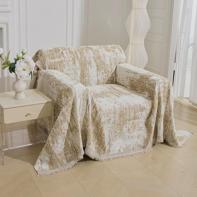 MEETSKY Small Couch Cover Oversized Recliner Covers Washable Armchair Sofa Cover for Dog, Chenille Khaki Abstract Geometric Jacquard Sofa Throw Cover Durable Modern Single Sofa Slipcovers, 71" X 91"