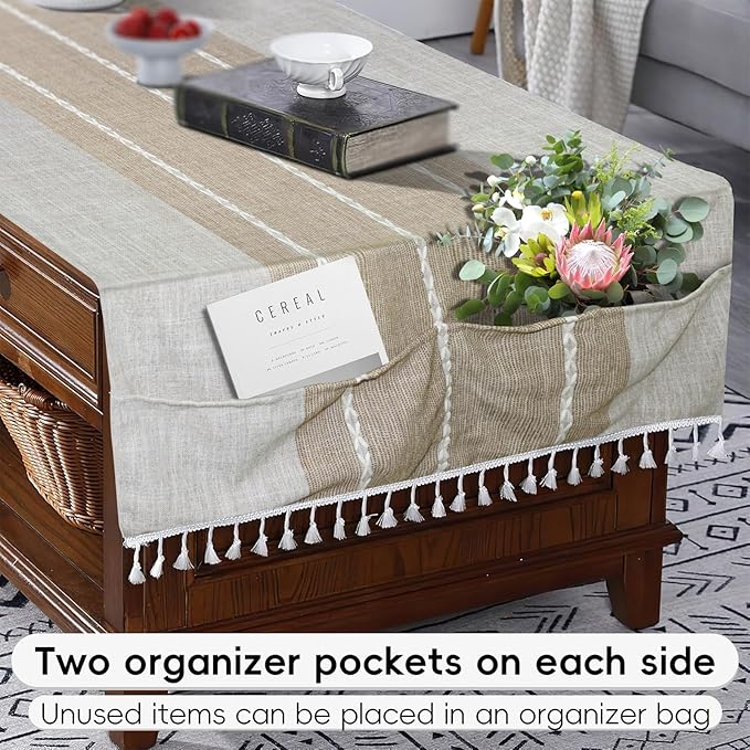 Coffee Table Cloth, Coffee Table Cover with Pockets and Tassel, Coffee Color for Living Room Small Rectangle Tablecloths Washer Dryer Fridge Top Dust Cover,Easy Care Machine Washable