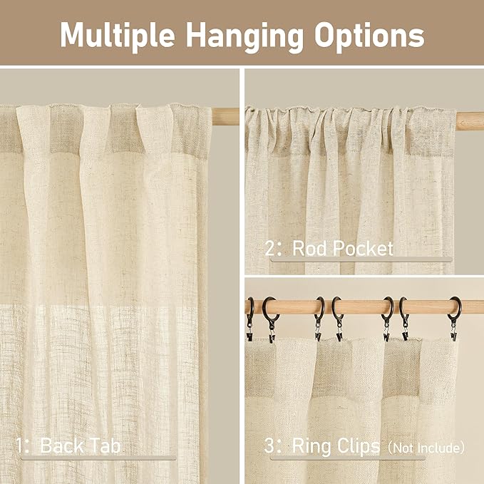 LAMIT Short Window Linen Curtains 45 Inch Length 2 Panels, Beige Light Filtering Panels Back Tab and Rod Pocket Neutral Drapes for Bathroom/Loft Room, 34 x 45 Inch