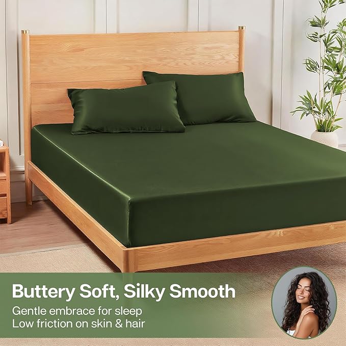 MR&HM Twin XL Fitted Sheet Only, Ultra-Soft Rayon Derived from Bamboo & Polyester Blend, Silky & Breathable, 15" Deep Pocket with Elastic Straps, Cooling Fitted Sheet for Hot Sleepers, Olive Green