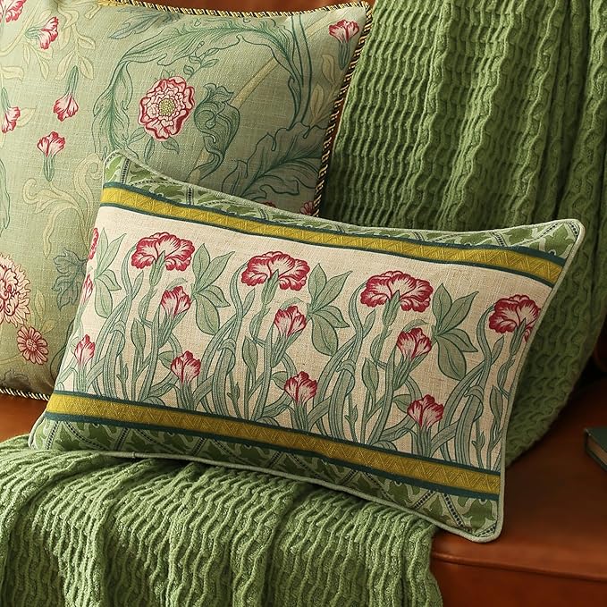 patdrea Designer Rectangle Throw Pillow Covers,Farmhouse Linen with Green Floral Pattern Pillows Cover,Decorative Lumbar Pillowcases Cushion for Bed Living Room Outdoor Car,12"x20"