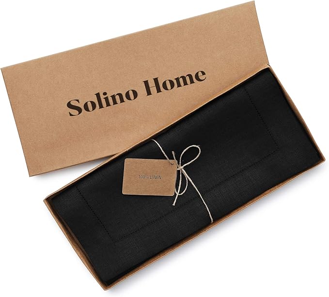 Solino Home Linen Black Table Runner 72 Inches Long - 100% Pure Linen Hemstitch Table Runner 14 x 72 Inch for Dresser, Dining, Holiday, Christmas - Classic Hemstitch