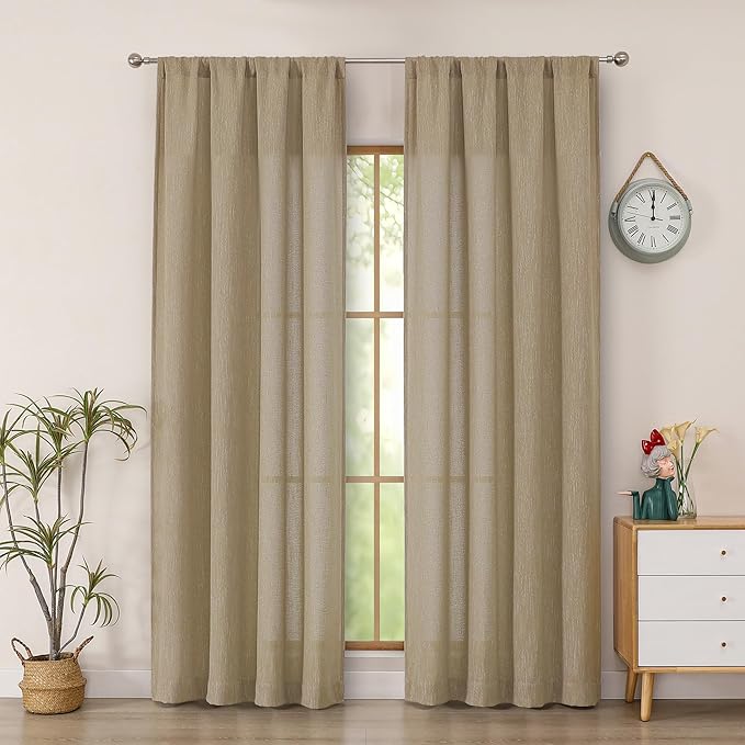 Simplebrand Taupe Faux Linen Textured Semi Sheer Curtains 72 Inches Long 2 Panels Set, Light Filtering Privacy Farmhouse Curtains, Soft Window Drapes Rod Pocket Top for French Door, Bedroom, 40W x 72L