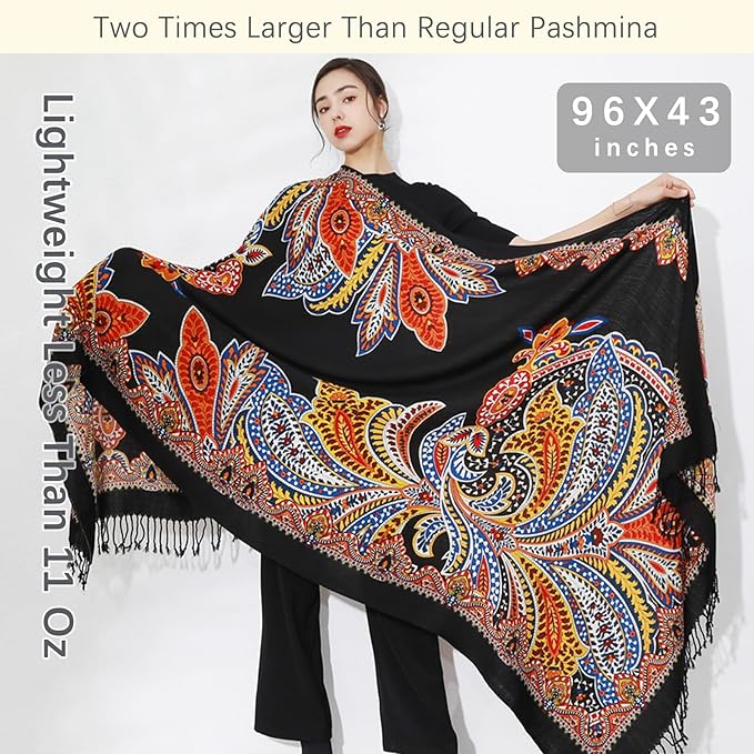 DANA XU 100% Merino Wool Pashmina Shawl for Women 96"x43", Oversized Cashmere Wrap with Tassels, Floral Travel Blanket Cape