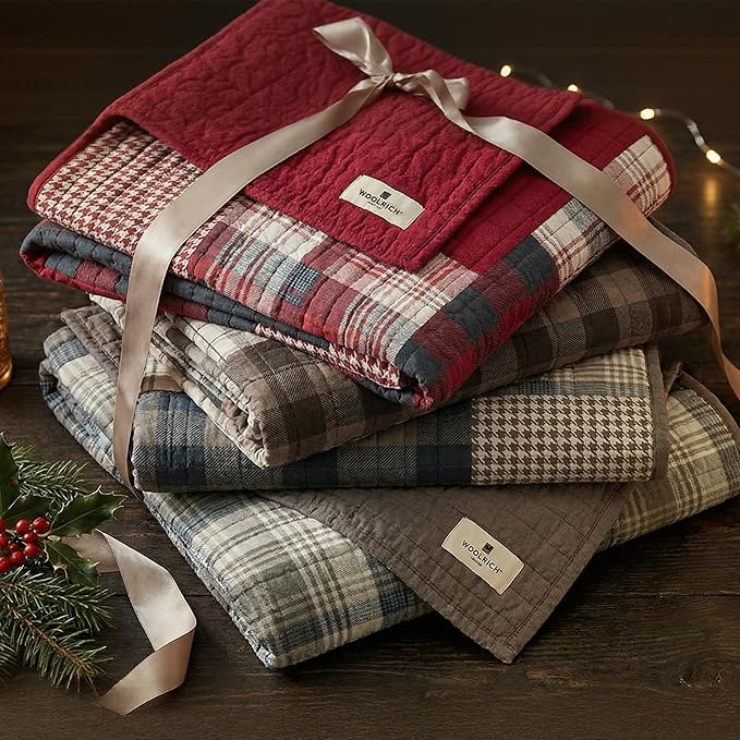 Woolrich Luxury Quilted Throw - Cabin Lifestyle, Patchwork with Moose Design All Season, Lightweight and Breathable Cozy Bedding Layer Throws for Couch Sofa, 50" W x 70" L, Tasha Red