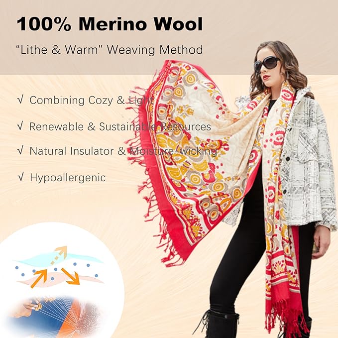 DANA XU 100% Merino Wool Pashmina Shawl for Women 96"x43", Oversized Cashmere Wrap with Tassels, Floral Travel Blanket Cape