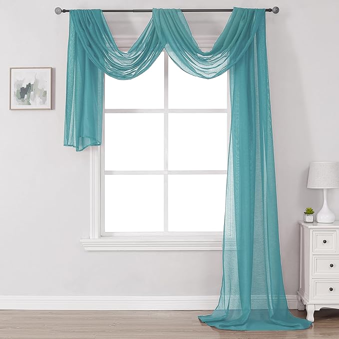 DONREN Teal Window Scarf for Outdoor Decoration - Add Luxury Beautiful Elegant Effect to Curtain Panels (1 Panel, 34 x 216 Inches Long)