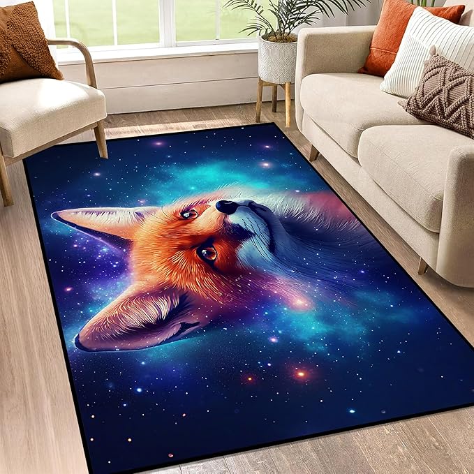 Galaxy Fox Rug 3D Cute Foxes Area Rugs for Bedroom Living Room Playroom Boys Kids Cartoon Colorful Carpet Glitter Stars Throw Rugs Floor Mat 47 in X 31 in