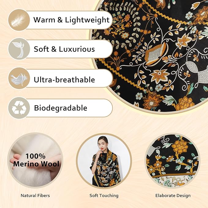 DANA XU 100% Merino Wool Extra Large Pashmina Blanket Travel Scarf Cashmere Wrap for Women Fall Winter Oversize Shawl Floral