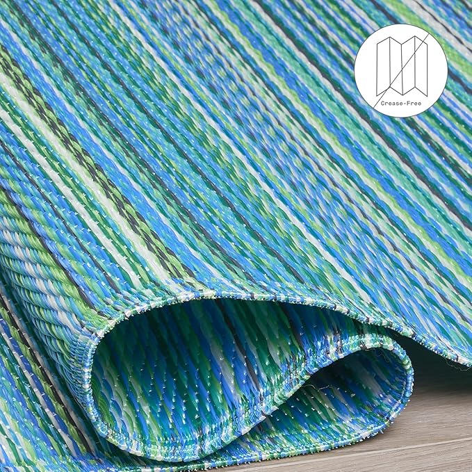 Fab Habitat Outdoor Rug - Waterproof, Fade Resistant, Crease-Free - Premium Recycled Plastic - Striped - Large Patio, Deck, Sunroom, Camping, RV - Cancun - Turquoise & Moss Green - 8 x 8 ft