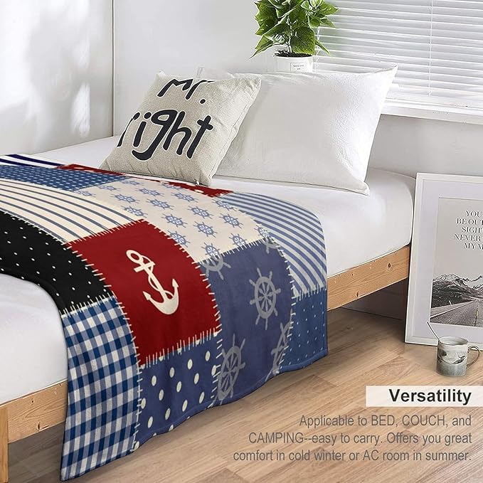 Nautical Blanket Vintage Coastal Rustic Red Blue White Polka Dot Stripe Anchor Patchwork Soft Cozy Lightweight Throw Blanket for Women Men Bedroom Living Room Dorm Chair Sofa Travel 60x80in