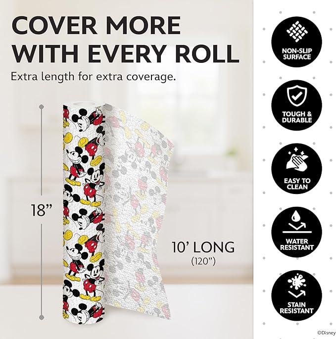 Disney Non Adhesive Shelf Liner – 18”x 10 ft Water-Resistant Drawer Liners for Kitchen Cabinets, Pantry, Fridge & Dressers – Easy Cut Cabinet Liner Roll- Mickey Mouse, Stitch & Winnie The Pooh
