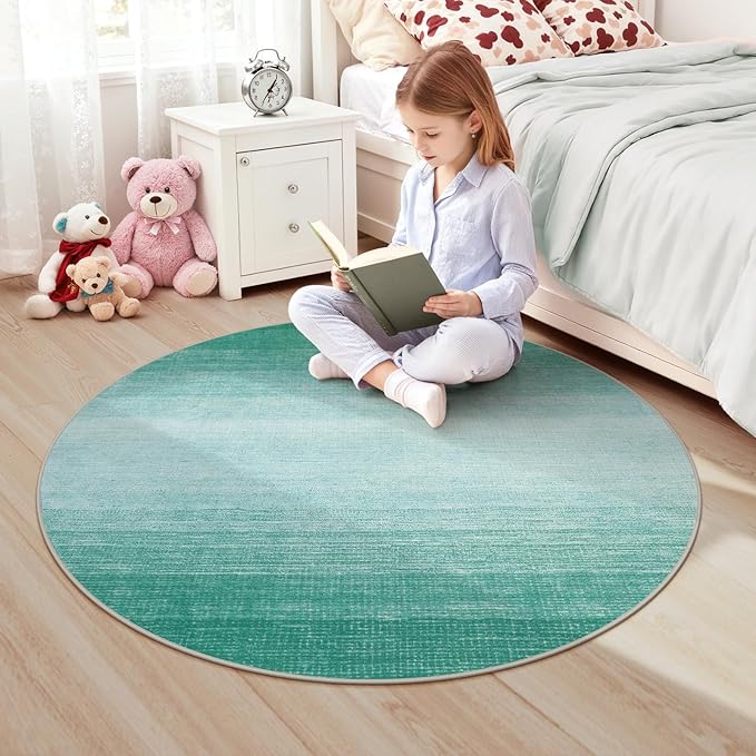 Wonnitar Modern Ombre Washable Round Rug 4ft, Non-Slip Teal Round Bathroom Throw Mat, Contemporary Soft Non-Shedding Bedside Indoor Accent Floor Carpet for Entry Foyer Guest Room (Teal, Round 4ft)
