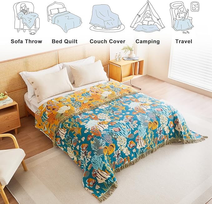 MSGKV Throw Blanket for Bed Cotton Cute Ocean Animals Twin Size Couch Blanket 60"x80" Muslin Breathable All Seasons Lightweight Farmhouse Home Decor